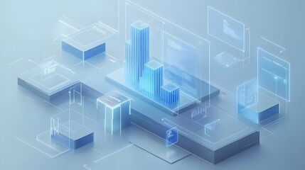 3D business data visualization with floating&nbsp;blue bar charts, UI dashboard elements, and white&nbsp;geometric platforms, featuring holographic statistics in&nbsp;modern infographic style.