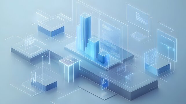 3D business data visualization with floating&nbsp;blue bar charts, UI dashboard elements, and white&nbsp;geometric platforms, featuring holographic statistics in&nbsp;modern infographic style.
