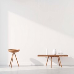 Minimalist interior with wooden table and side table against a white wall.