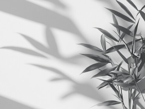 leaves in green tones on a pastel background, black and white