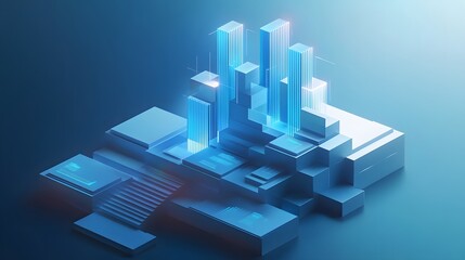 Fototapeta premium 3D business data visualization with floating&nbsp;blue bar charts, UI dashboard elements, and white&nbsp;geometric platforms, featuring holographic statistics in&nbsp;modern infographic style.