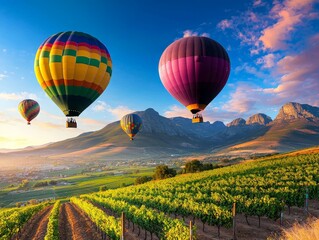 Fototapeta premium Colorful Hot Air Balloons Drifting Above Rolling Green Vineyards Under a Vibrant Sky at Sunset, Capturing a Serene and Joyful Experience in Nature