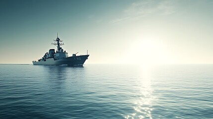 A naval ship sails across calm waters at sunrise, symbolizing strength and serenity.