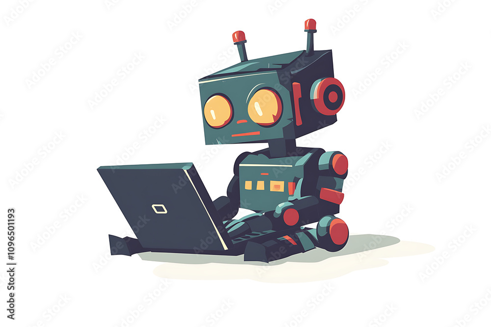 Poster a cartoon robot sitting with a laptop, engaged in computing or programming tasks.