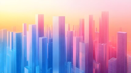 Fototapeta premium Isometric glass skyscrapers with translucent gradients transitioning from blue to pink, featuring&nbsp;modern geometric shapes and glowing edges&nbsp;on light beige background.