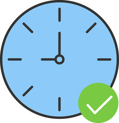 Illustration of a round wall clock with black numbers and hands, and a green check mark below indicating on time

