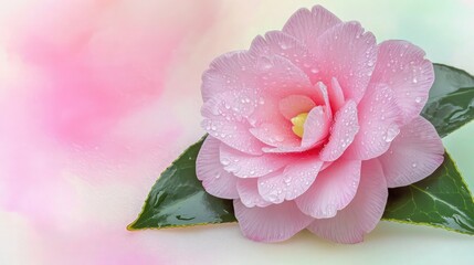 Delicate pink camellia flower with fresh water droplets resting gently upon dark green leaves isolated on a soft pastel background.