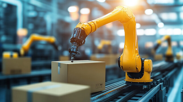 A yellow robotic arm performing automated tasks on a production line, highlighting modern industrial automation and manufacturing precision.