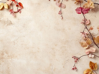 Beige vintage background wall with autumn leaves