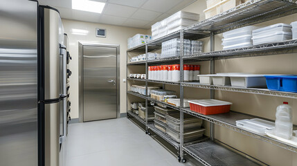 Obraz premium Stainless Steel Commercial Kitchen Storage Room with Organized Shelving Units and Refrigerators