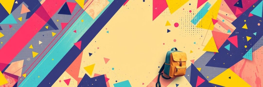 Abstract geometric background with vibrant colors and a yellow backpack in the center, surrounded by chaotic shapes and an empty space for personalization, background, geometric, empty space