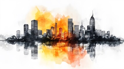 Fototapeta premium Architectural line&nbsp;art cityscape combined with watercolor splashes, featuring geometric&nbsp;linear drawings of modern buildings with water&nbsp;reflection and minimalist black lines.