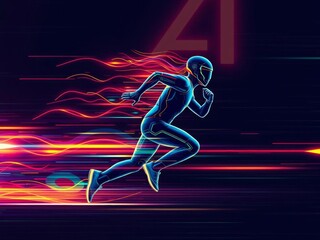 Obraz premium Abstract neon colors background with a silhouette of a woman running on the cover of a futuristic magazine, active, vibrant, athletics