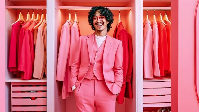A young man in a pink suit smiles inside a closet full of pink suits.