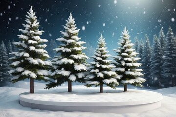 Fototapeta premium White podium with fir trees and falling snow. Display for winter holidays, New Year and Christmas product presentation