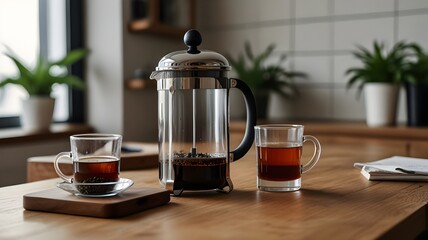 Coffee and Tea Brewing Setup Featuring Stainless Steel French Press