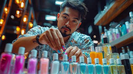 Trendy male nail technician creating vibrant nail art contemporary beauty salon intricate designs and modern decor