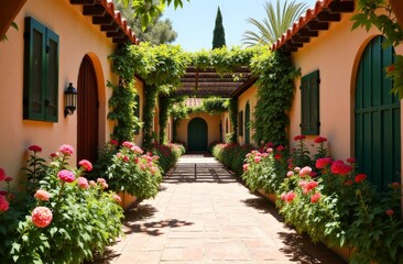 Naklejka premium Mediterranean courtyard with floral decorations