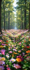 a lush green forest floor covered with blooming wildflowers, , forest floor