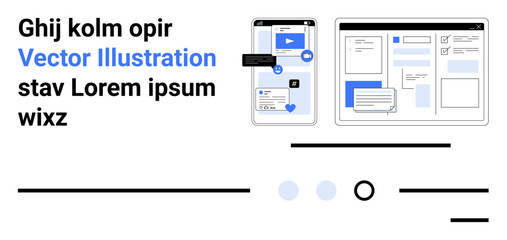Mobile and desktop user interfaces with sample text elements, social media icons, and modern layout. Ideal for user experience, UI design, digital interface, graphic design, web development, mobile