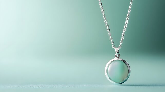 Elegant&nbsp;silver pendant necklace featuring oval&nbsp;agate stone on mint green background, showcasing polished gemstone detail and sterling silver chain in professional&nbsp;lighting.