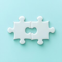Obraz premium Two white puzzle pieces interlocked on a light blue background.