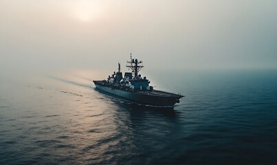 Obraz premium A naval ship navigating through calm waters during a misty sunrise.