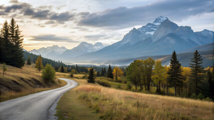 Fototapeta premium Winding road through scenic mountain valley at sunrise