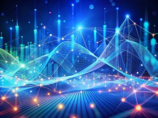 Obraz premium Abstract Wavy Graph Wireframe Background in Blue with Data Boxes for Big Data Analytics in Business, Science and Technology - Virtual Data Concept Banner Design