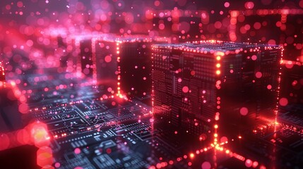 Fototapeta premium Conceptual image of blocks connected by chains of data, representing blockchain