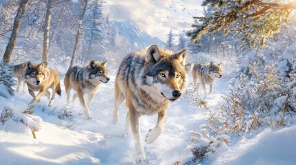 Obraz premium Majestic Pack of Wolves Prowling Through Snowy Forest Wilderness