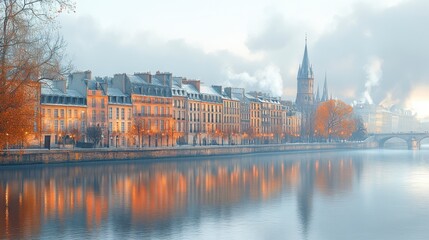 Naklejka premium Parisian Winter Charm: Majestic Buildings Reflecting on a Misty River
