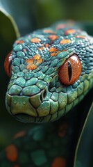 Colorful green snake with striking orange patterns in a tropical rainforest environment during daylight