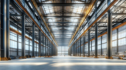 Obraz premium Vast Industrial Warehouse Interior Sunlight