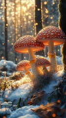 Colorful mushrooms growing under soft sunlight in a snowy forest during winter