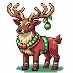 Fototapeta premium Festive Pixel Art Reindeer with Christmas Ornaments and Green Decorations