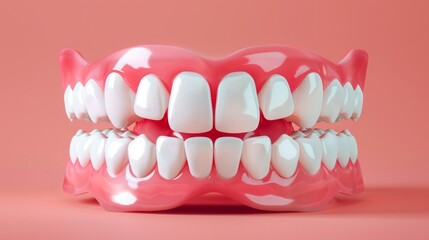 Obraz premium Glossy pink gums with bright white teeth in a full dental model on a pink background. Minimalist studio composition. Dental health, oral hygiene, and tooth care concept. Generative AI