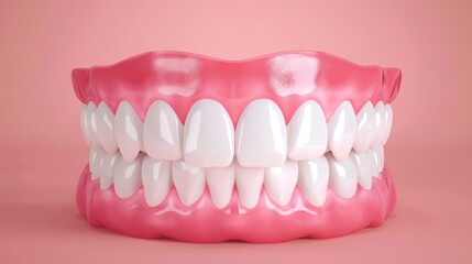 Obraz premium Glossy pink gums with bright white teeth in a complete dental model on a soft pink background. Minimalist studio composition. Dental health, oral hygiene, and tooth care concept. Generative AI