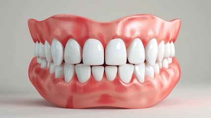Obraz premium Glossy pink gums with bright white teeth in a detailed dental model on a neutral background. Minimalist studio composition. Dental health, oral hygiene, and tooth care concept. Generative AI