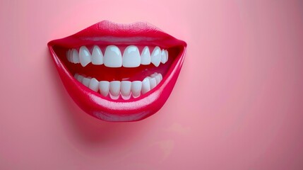 Naklejka premium Glossy red lips with bright white teeth in a radiant smile on a soft pink background. Minimalist studio composition. Dental health, oral hygiene, beauty, and cosmetics concept. Generative AI