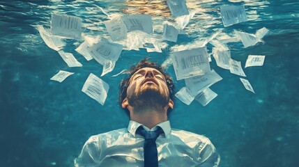Businessman Drowning in a Sea of Papers