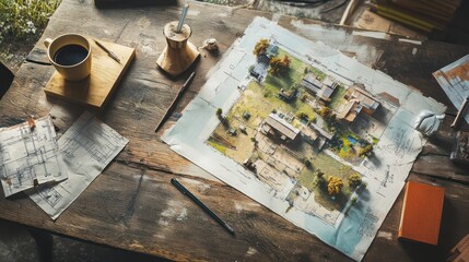 A rustic table holding a model of a rural community plan, surrounded by sketches, rulers, and a coffee cup 
