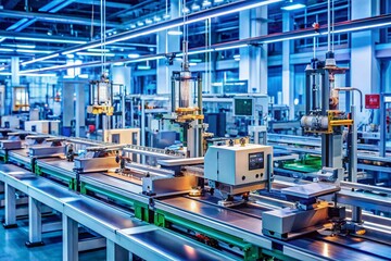 Fototapeta premium Advanced High-Tech Machinery Assembling Electronics in a Modern Factory Environment with Precision Equipment and High Depth of Field Focus for Industrial Innovation Imagery