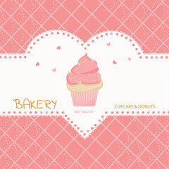 Invitation to a bakery with a picture of a cupcake. Advertisement for a bakery.