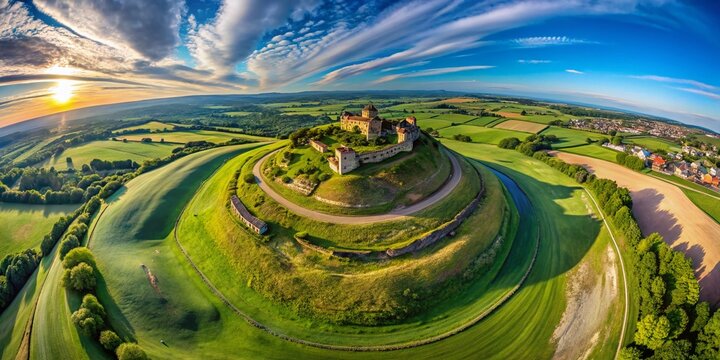Aerial 360-Degree Tiny Planet View of Sandal Castle Ruins Surrounded by Fields in Wakefield, West Yorkshire, UK - A Surreal Photography Experience