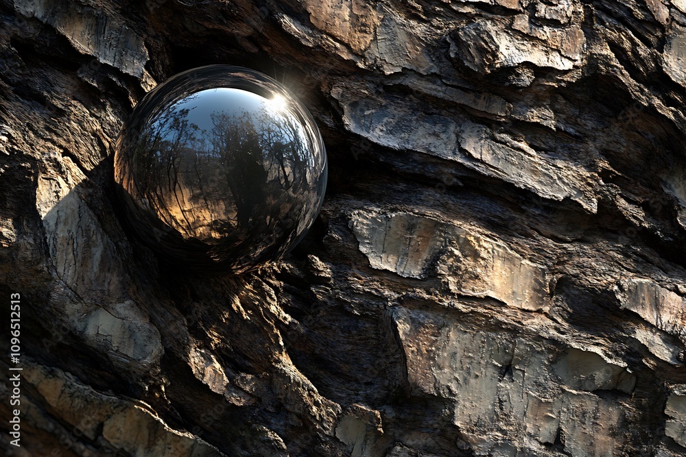Poster reflective sphere nestled in rough bark texture.