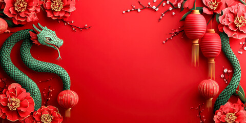 Green snake with red lanterns and blossoms, Chinese New Year celebration background, paper-cut style