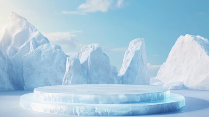 A stunning ice podium surrounded by snowy mountains, perfect for showcasing winter products in a cool, minimalist setting