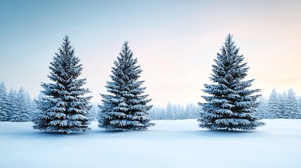 Obraz premium Tranquil Snowy Landscape with Symmetrical Pine Trees and Pastel Winter Sky