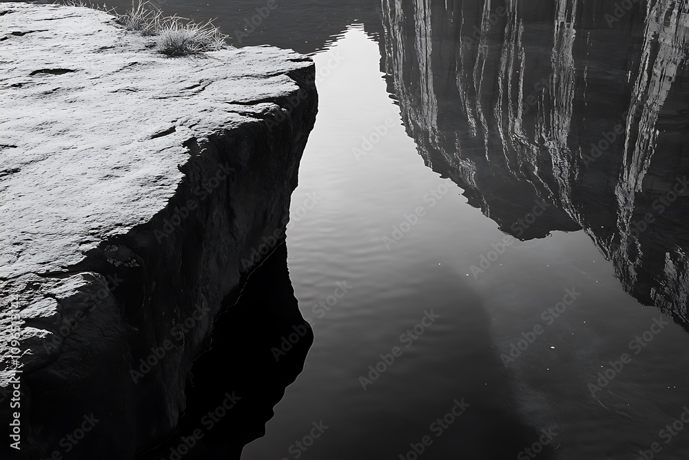Poster serene black and white reflection of rocks and cliffs in still water.